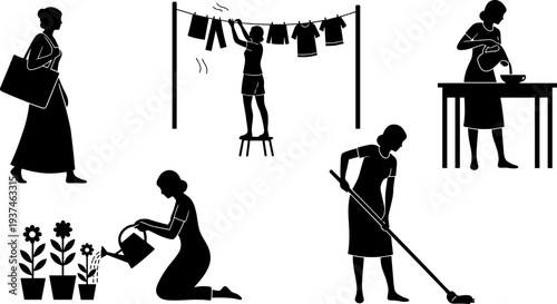 Housewife silhouettes collection featuring daily household chores cleaning gardening cooking laundry isolated woman vector illustration black shape set