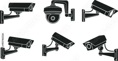 Security Camera Icons Black and White Vector Graphics Set Keywords: security camera, surveillance camera, cctv, camera, video