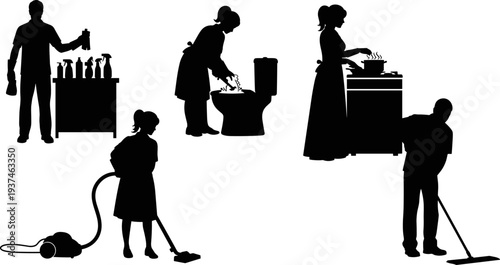Household cleaning silhouettes collection, housewife housekeeper cooking vacuuming washing toilet cleaner vector illustration isolated black silhouette set bundle