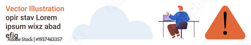 Productivity, cloud technology, data security, digital workplaces, warnings, online risks. A man at a desk working on a laptop next to a cloud and warning icon. Productivity and cloud technology