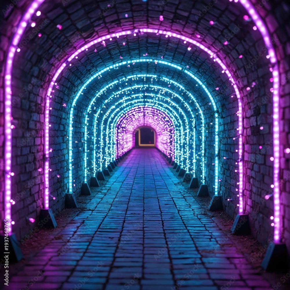 Fototapeta premium Stone tunnel walkway lined with glowing purple and teal LED lights creating magical pathway. Leads to a bright opening. Festive illumination.