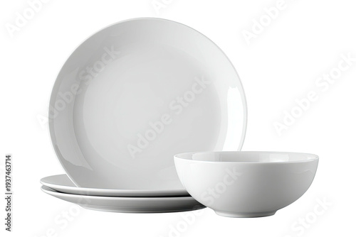 Simple white ceramic dinnerware set, including plates and a bowl, on a transparent background