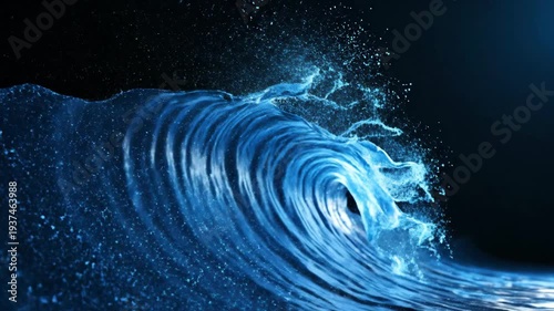 A vivid blue water wave curls dramatically against a stark black background, light sparkles on its textured surface