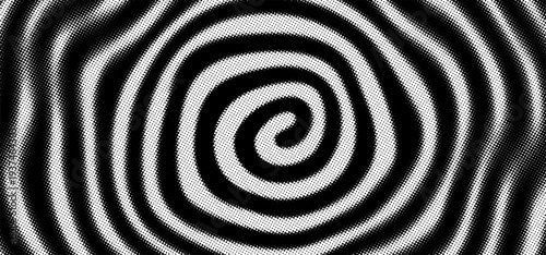 Swirl Spiral Halftone Pattern. Black and White Abstract Psychedelic Background. Retro Radial Wave Groovy Vortex. Spooky Halloween Twirl Spiral.