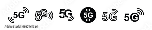 Collection of 5G mobile network icons with signal waves