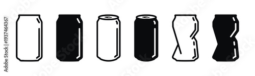 Collection of aluminum can vector icons in various states from normal to crushed