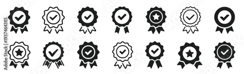 Collection of award ribbons and badges with checkmarks and stars