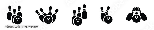 Collection of bowling pins and ball icons, sports recreation symbols