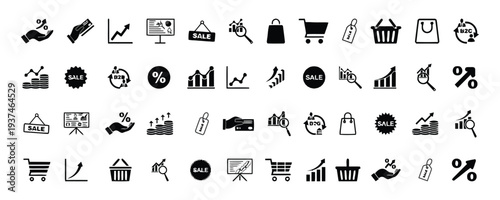 Collection of business and finance icons representing growth profit sales and analytics