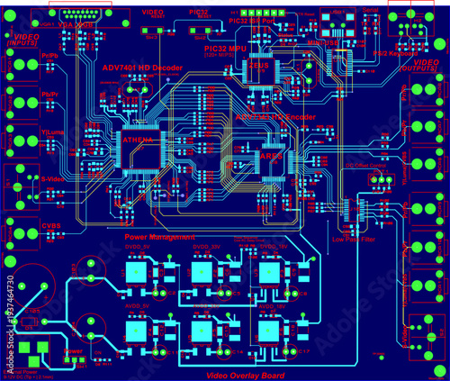 Vector printed circuit board of electronic device with components of radio elements, conductors, contact pads placed on pcb. Engineering assembly technic drawing with processor, resistor, capacitor. 