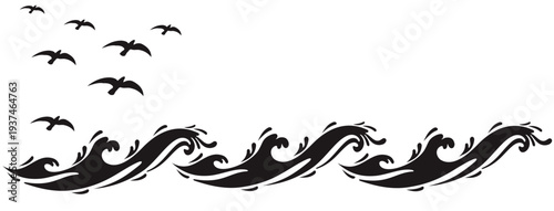 Waves and seagulls vector, a set of elements for design.