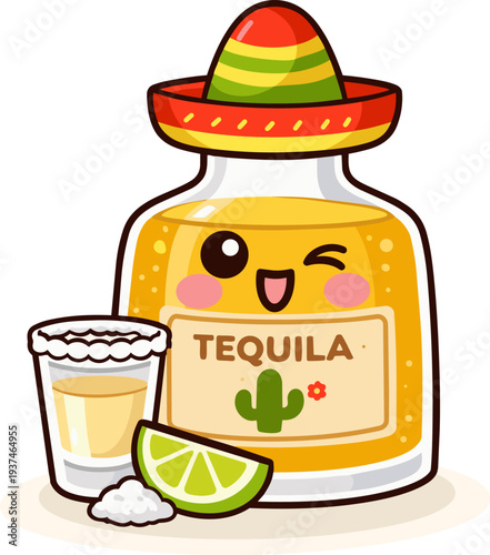 A cheerful tequila bottle with a sombrero, a shot glass, salt, and a lime wedge. Ideal for Mexican parties, cocktail recipes, tequila events, and festive bar promotions.