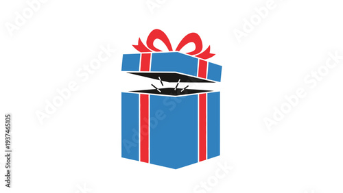 Blue gift box with red ribbon.