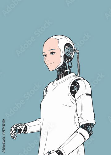 A robot with a human-like face stands still in a simple background. It has a sleek design and is looking ahead with a smile.