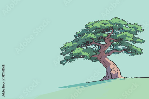 A tree grows on a grassy hill with a simple color background and clear sky. The tree has a strong trunk and many branches.