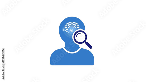 Blue human head with brain and magnifying glass.