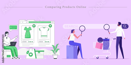 Comparing Products Online Flat Vector E commerce Shopping Comparison Illustration