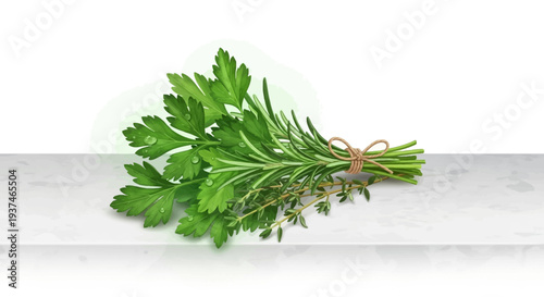 Fresh parsley bunch on white surface.