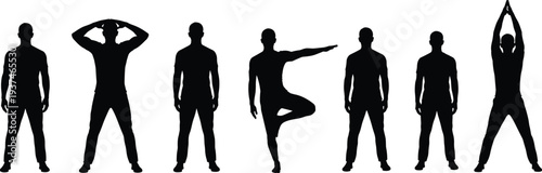 Black silhouettes of athletic man practicing yoga poses, stretching, and fitness exercises, isolated on white background for health and wellness
