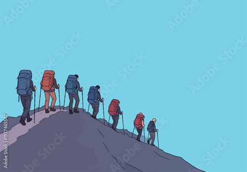 A group of six hikers climbs a steep mountain trail under a clear blue sky. They carry backpacks and use hiking poles.