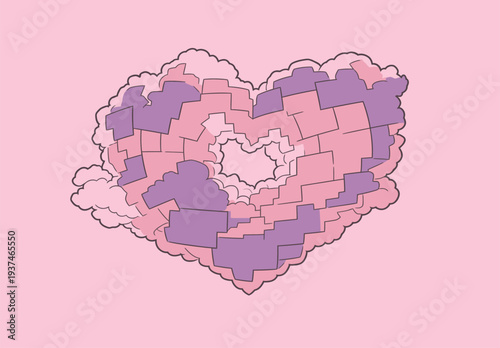 A design shows a heart made of cloud shapes in pink and purple colors with a simple pink background while the sun shines.