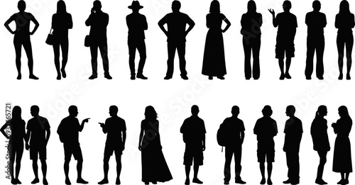 People silhouettes collection featuring diverse men and women standing poses isolated vector illustration human crowd black shape set bundle
