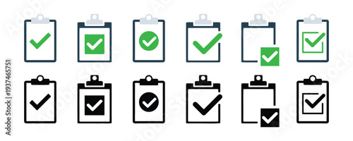 collection of checklist icons with checkmarks on clipboard