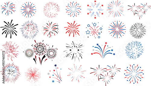 collection of colorful fireworks bursts in red, blue, and white