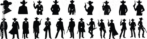 Collection of cowboy silhouettes in various poses with guns and hats