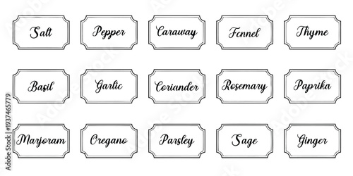 Collection of decorative spice jar labels with handwritten names in script font