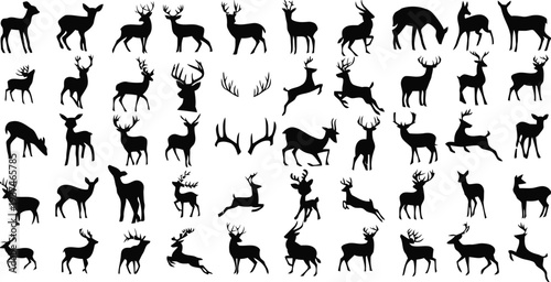 Collection of deer and stag silhouettes in various poses