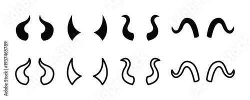 Collection of devil horns and tentacles icons in black and white