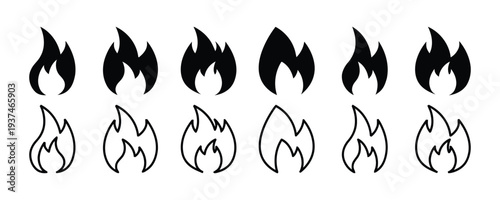 Collection of fire flame icons in solid and outline styles