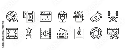 Collection of flat cinema and film icons for digital and print media design