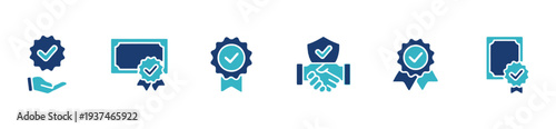 Collection of flat icons representing quality assurance and certification achievements