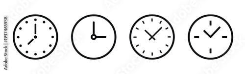 Collection of four analog clock faces showing different times with bold hour and minute hands