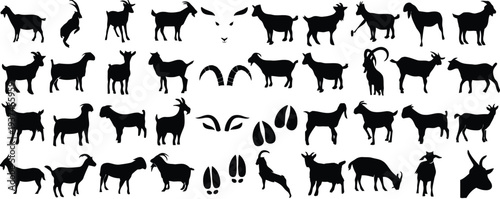 Collection of goat silhouettes, heads, horns, and hooves