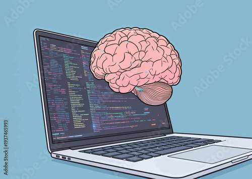 A brain illustration sits above a laptop with lines of code on its screen. The scene shows a blend of technology and creativity.