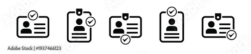 Collection of identity card icons with checkmarks and variations for verification