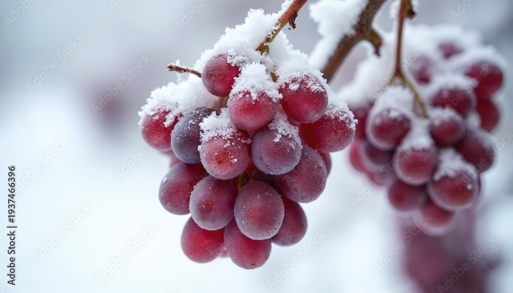 Fototapeta premium Red grapes covered in frost and snow hang from a vine. Cold winter weather freezes fruit on the branch. Nature shows beauty in freezing conditions.