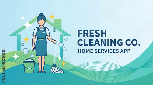 Vector illustration of a window cleaning and building maintenance service concept with worker high rise equipment, blue and white, ideal for window cleaning company website