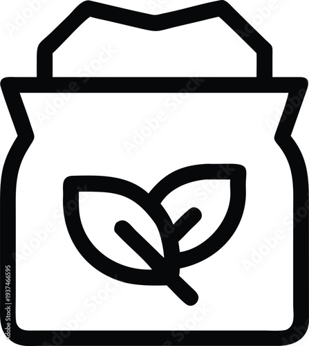 Organic agricultural product bag outline icon with green leaves representing natural farming practices