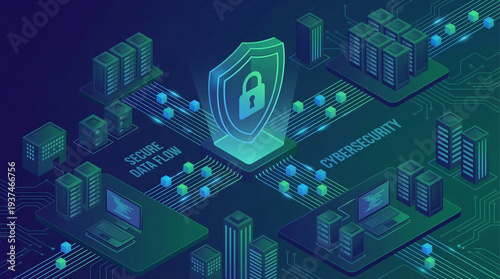 Isometric illustration of cybersecurity concept with shield lock and secure data flow, dark blue and green tones, ideal for IT security company website or tech blog