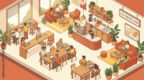 Isometric illustration of a creative coworking space and innovation hub concept with designers makers coffee and collaboration, vibrant modern colors, perfect for creative hub website