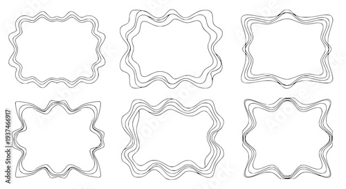 set of 4 organic decorative frames, wavy irregular borders, black and white outline vector illustration, minimal line style, uniform stroke, isolated on white background, elegant frame collection