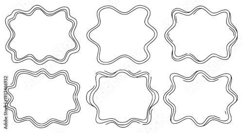 set of 4 organic decorative frames, wavy irregular borders, black and white outline vector illustration, minimal line style, uniform stroke, isolated on white background, elegant frame collection