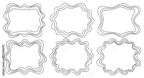 set of 4 organic decorative frames, wavy irregular borders, black and white outline vector illustration, minimal line style, uniform stroke, isolated on white background, elegant frame collection