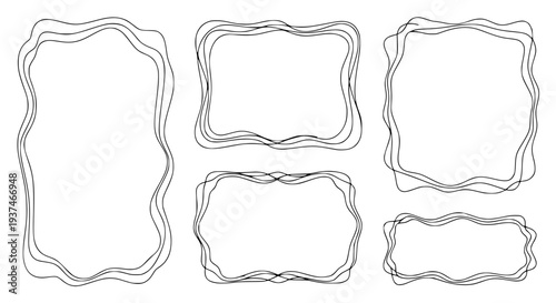 set of 4 organic decorative frames, wavy irregular borders, black and white outline vector illustration, minimal line style, uniform stroke, isolated on white background, elegant frame collection