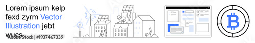 Renewable energy, digital technology, modern finance, blockchain, cryptocurrency, sustainability. Energy-efficient buildings, Bitcoin logo and website interface design. Renewable energy