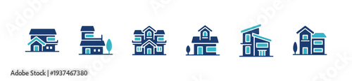 Colorful modern house icons in two tones, isolated on white background